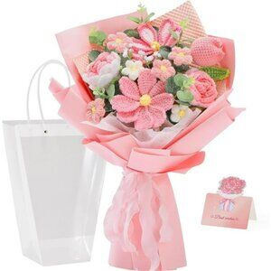 Crochet Flower Bouquet Handmade Pink Knitted Tulips Roses Gifts for Birthday Mot